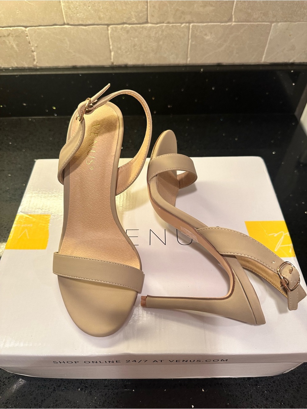 VENUS Beige Nude Ankle-Strap Stiletto Heels with extra heel pins